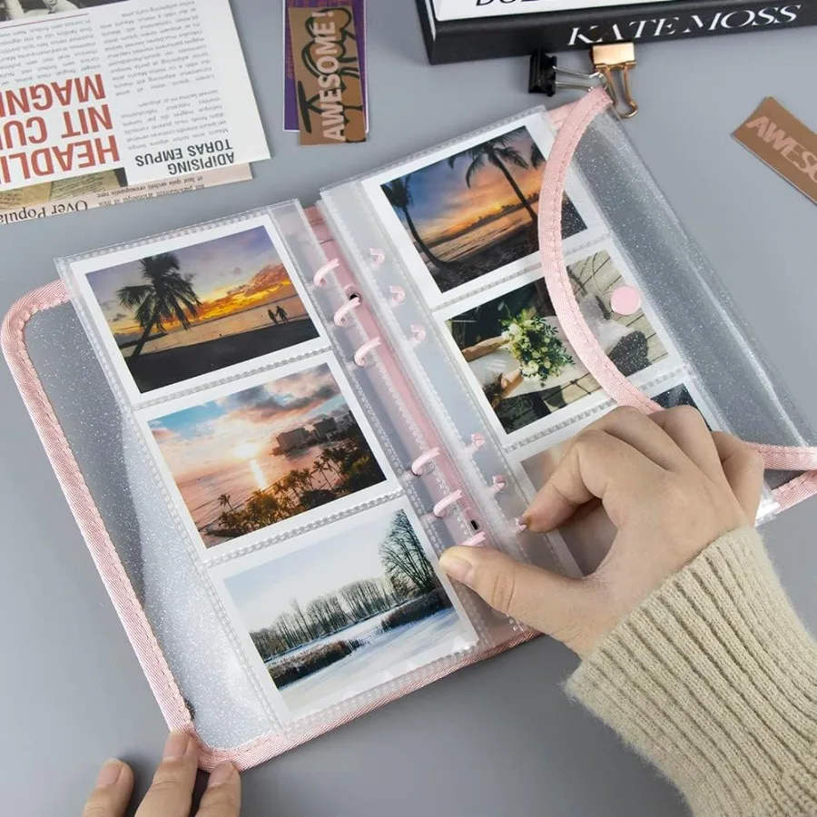 Pink A6 Binder 6 Ring Glitter PVC Budget Binders with Sp Button Closure Loose Leaf Notebook Shell for Photocard Album Cash Enve