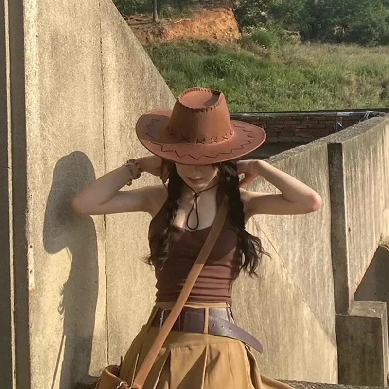 جديد للجنسين قبعة رعاة البقر الجلد المدبوغ موضة قبعة رعاة البقر إمرأة رجل قبعة العملي الغرب المتوحش فستان بتصميم حالم رائجة البيع الغربية أغطية الرأس قبعة