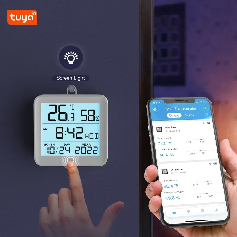 

Датчик влажности и температуры Tuya с Wi-Fi, гигрометр, термометр с подсветкой для умного дома, с поддержкой Alexa и Google Assistant