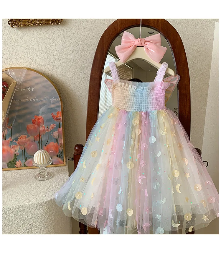 

Little Girl Fashionable Fairy Sleeveless Cute Dress Rainbow Butterfly Moon Decorations Pastel Colors Tulle Skirt Summer Fashion