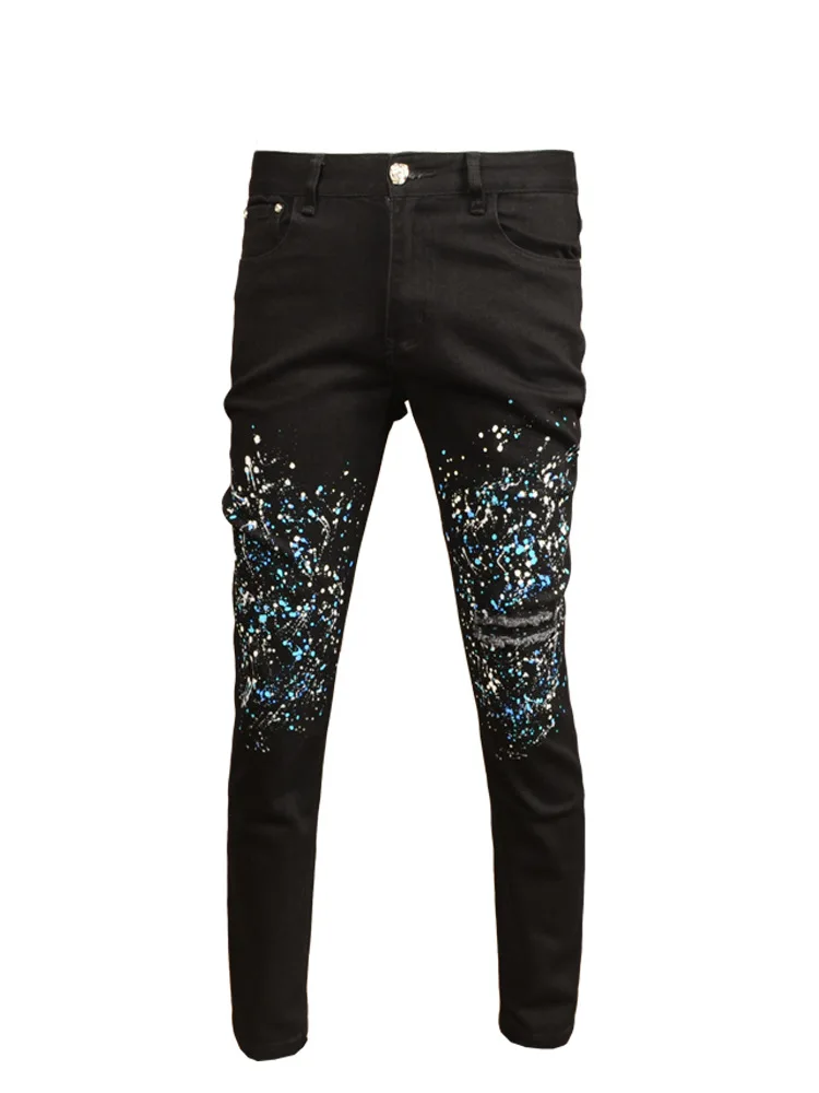 2024 Black Ripped Jeans Men's Fashionable Printed Slim Fit Skinny Stretch High-Grade Light Luxury Washed Casual Trousers