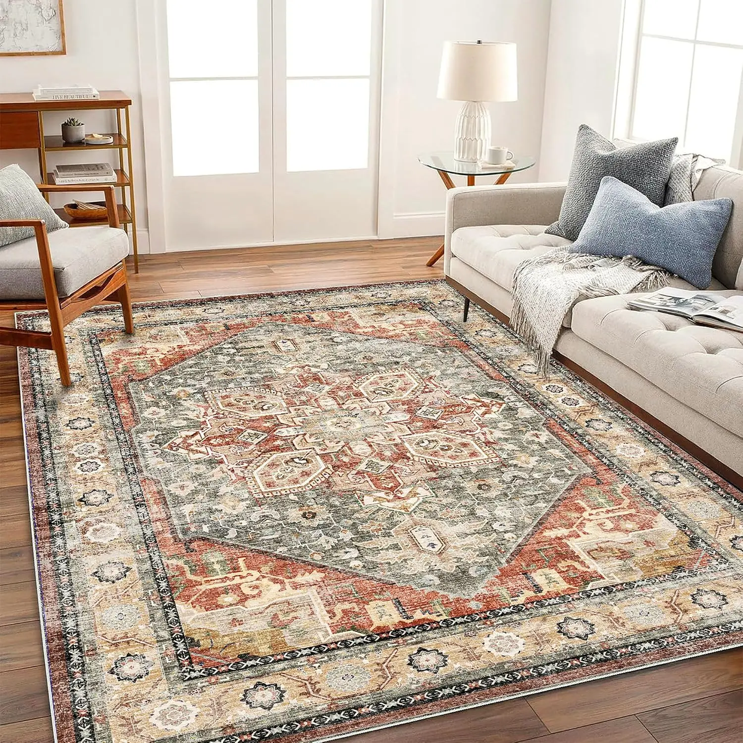 Vintage Distressed Persian Large Area Carpet for Living Room Rug Non-slip Machine-washable Floor Mat Floral Bedroom Bedside Rugs