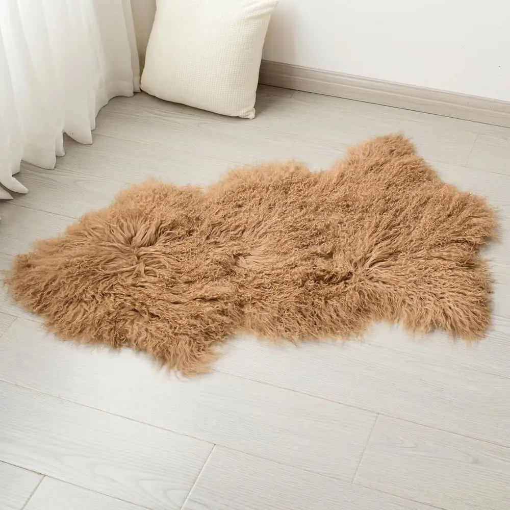 Authentic Lightweight Fluffy Mongolian Wool Sheepskin Rug, 2x3ft, for Couch, Bed, Bedroom, Living Room, Camel