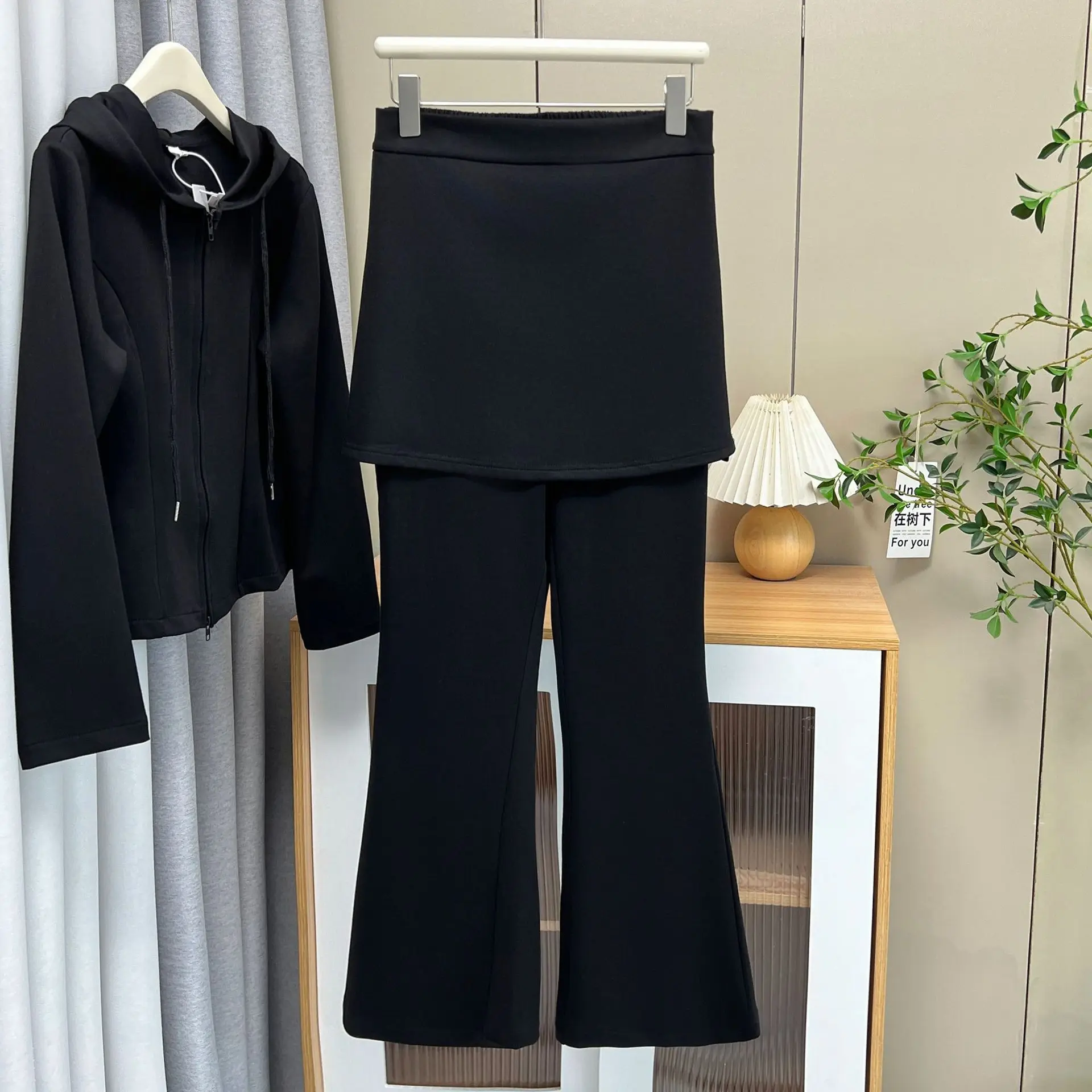 XXXXL Mode Plus Size Damessets Casual Herfst Capuchon Rits Top En Uitlopende Lange Broek Tweedelige Set