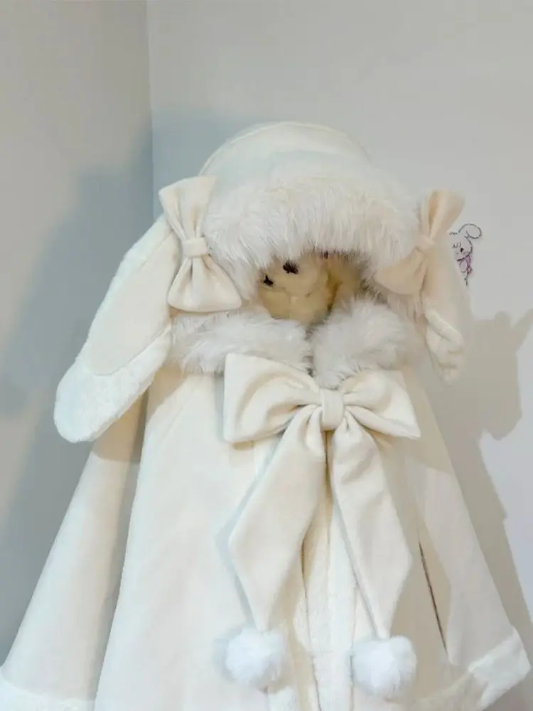 Coalfell Invierno Nueva capa de lana con orejas de conejo suave, dulce y linda, chaqueta con capucha con lazo suelta y reductora de edad