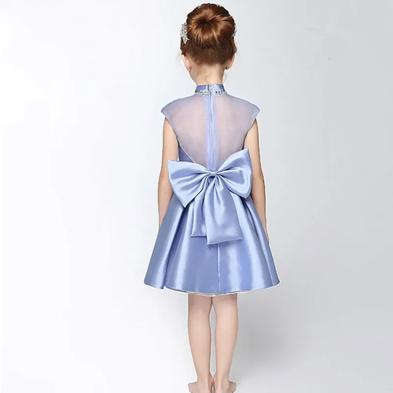 C'est YiiYa – robe à fleurs personnalisée pour filles, en Satin bleu, perles, col haut, sans manches, fermeture éclair au dos, longueur aux genoux, plissée, pour enfants, TS172