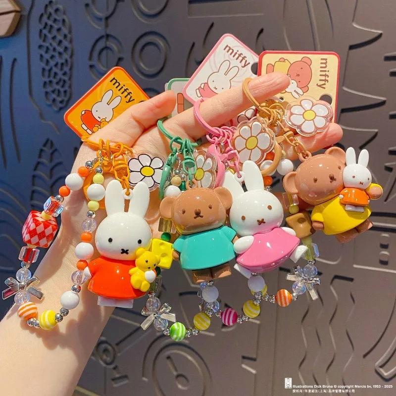 2025 New Kawaii Miffy Rabbit Beaded Keychain Cartoon Boris Backpack Pendant Mobile Chain Children's Creative Festival Gift
