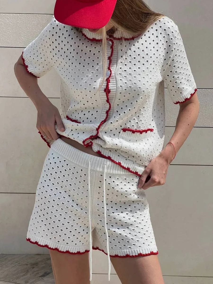 

Knitted Hollow Out 2 Piece Set Women Peter Pan Collar Pocket Short Sleeve Cardigan Summer Casual Contrast Drawstring Shorts Sets