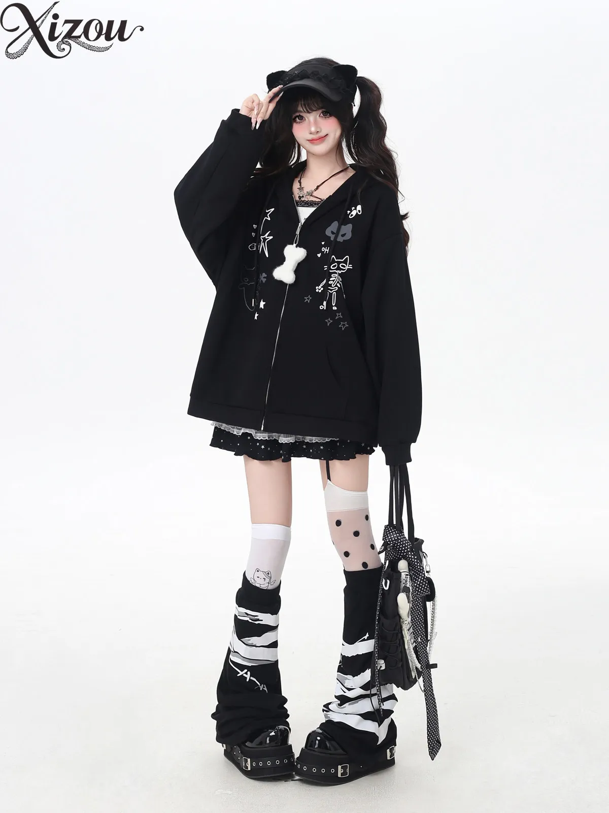 

Cute Cat Ear Drawstring Girls Hooded Coats Unique Loose Design Sweatshirt Zipper Jacket Autumn Winter Casual Jackets