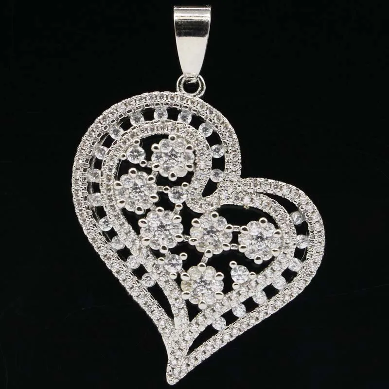 

42x29mm Stunning Heart Shape White Sapphire Pink Kunzite CZ Females Present Silver Pendant