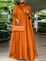 Plus Size 5XL VONDA Women Stand Collar Elegant Satin Dress Long Bat Sleeve Evening Pleated Maxi Sundress Casual Solid Party Robe - Image 3