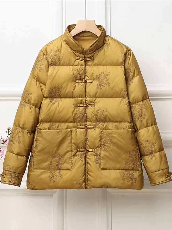 

Retro Embroidered ort Puffer Jaet Women's Stand Collar Chinese Sle Button Outerwear Quilted Du down Coat Regular Fit