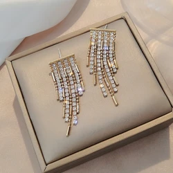 Korean exaggerated super sparkling tassel metal micro inlay chain with dynamic temperament and versatile earrings for women