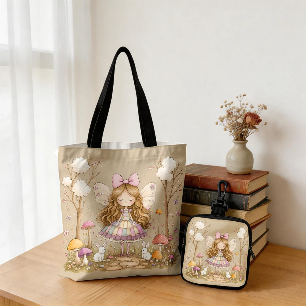 Vintage Watercolor Flower Forest Fairy Tote Bag with Portable Coin Wallet - Shoulder Bag for Grocery Shopping