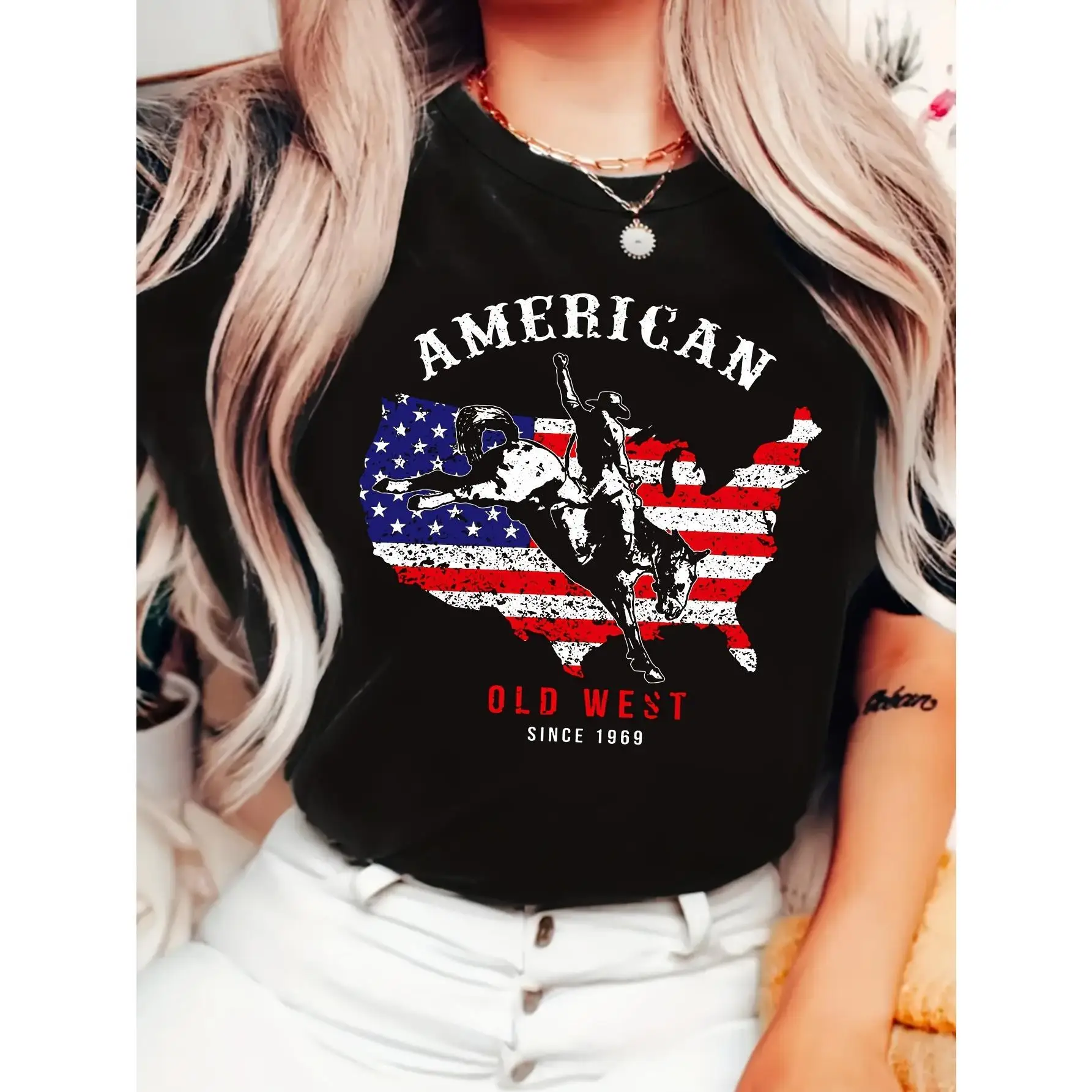 

Women's Casual American Flag & Running Cowboy Print T-Shirt, Crew Neck, Loose Fit, 100% Cotton, Machine Washable, Patriotic Old