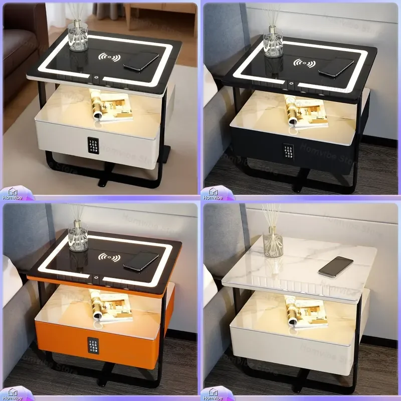 Smart Bedside Table with Wireless Charging Touch Light Password Lock Modern Simple Nightstand Middle Hollow Storage Bedroom