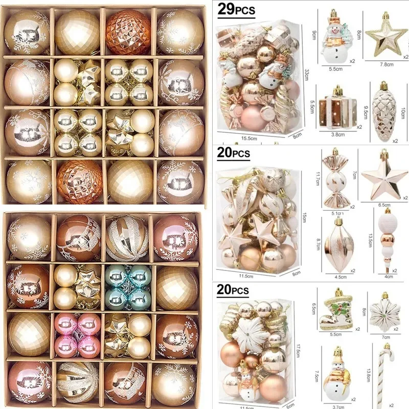 20/30/44Pcs Champagne Christmas Baubles Set Assorted Xmas Tree Hanging Ornaments Navidad Noel Home Holiday New Year Decor Gifts