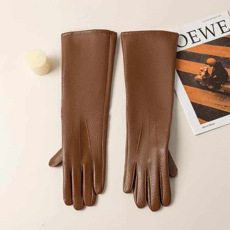 Women Warm Long Tube PU Leather Gloves Windproof Cold Proof for Autumn Winter Outdoor Driving Cycling Fashionable Versatile