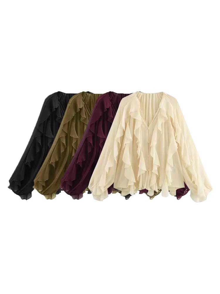 

GELITAYIN Women Fashion With Ruffles Semi-sheer Blouses V Neck Long Sleeve Button-up Female Shirts Chic Tops