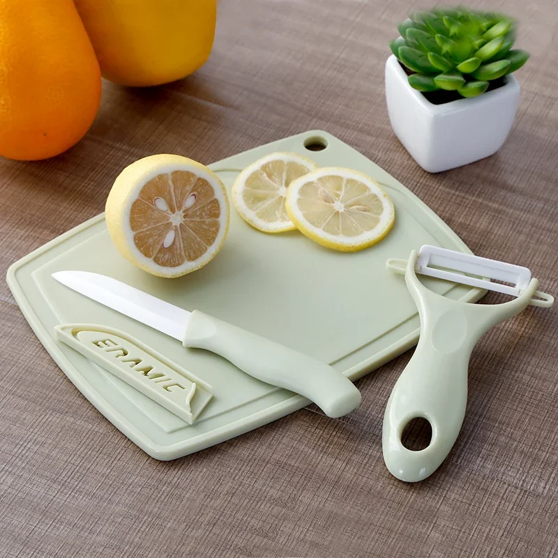 Three-piece Set Portable Ceramic Fruit Knife Peeler Cutter Mini Chopping Board Kitchen Tool Kit Gadgets For Solitary Students