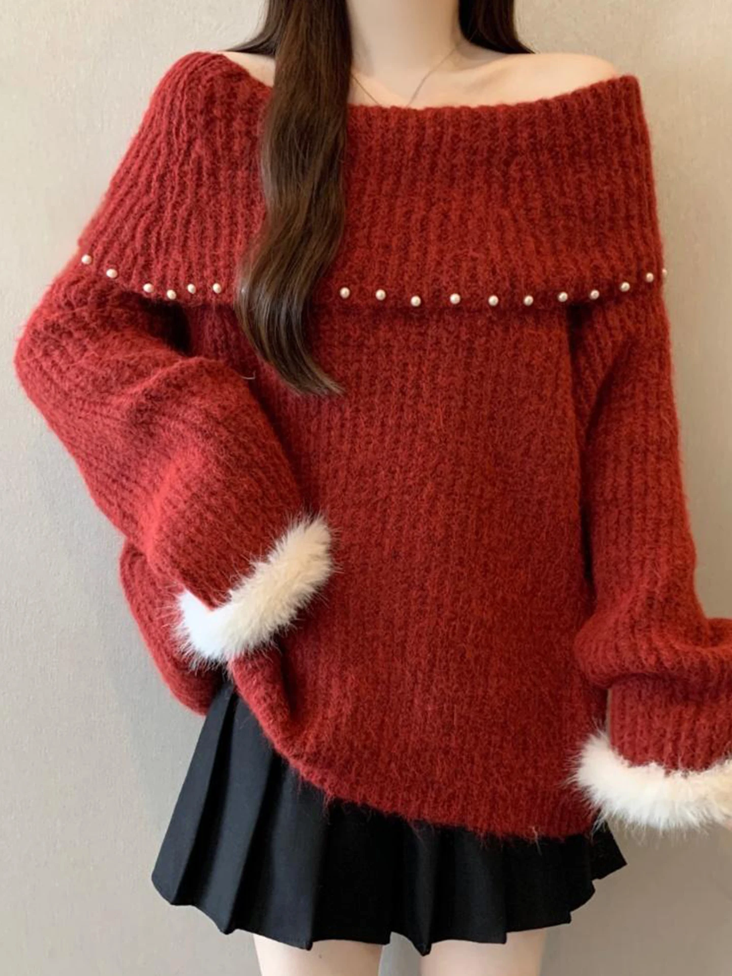 

Red Sequin Knitwear oulder Bared Sweater for Women Autumn Winter plus Size Comfortable High End Feeling Cisas New Year ...