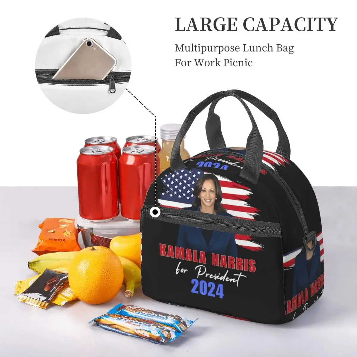 Kamala Harris For President 2024 Insulated Lunch Bag for Women Kids Leakproof Food Boxes Thermal Lunch Box Tote