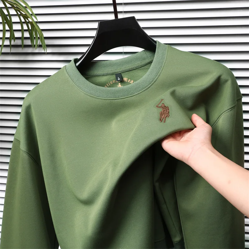 High end pony embroidery brand long sleeved T-shirt men's autumn light luxury trend youth round neck pullover casual sportshirt