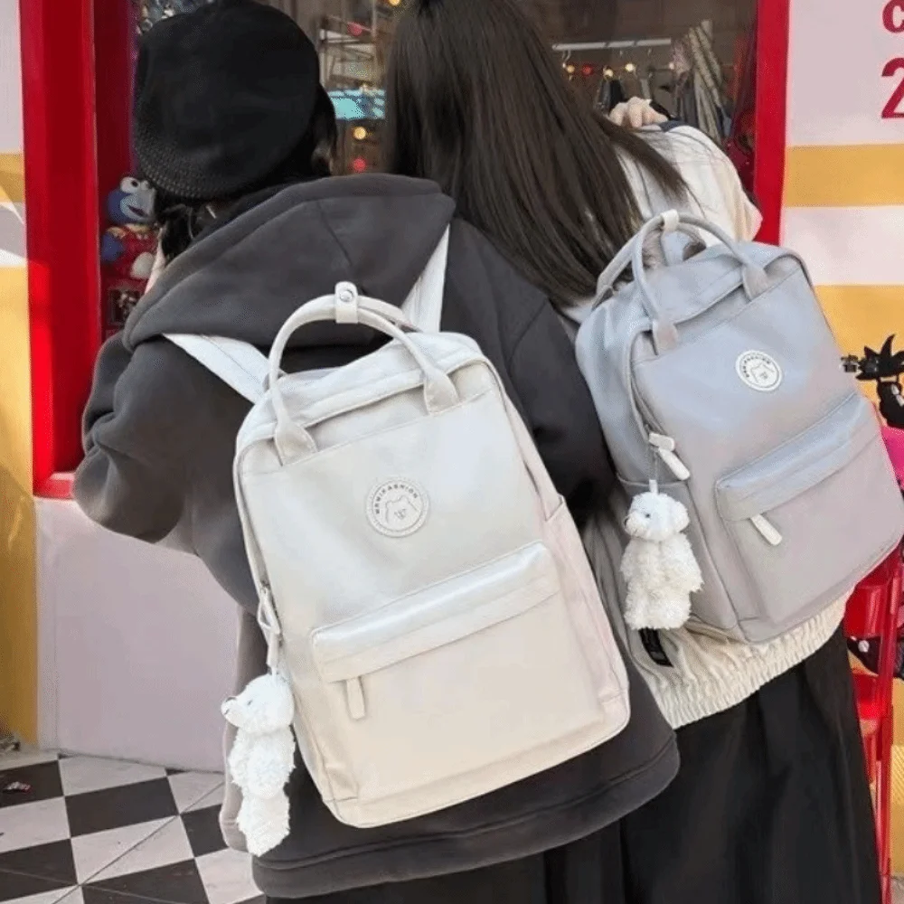 Solid Large Capacity Student Backpack Zipper Nylon Academy Girl's School Bag Multi-Pocket Spacious Plush Pendant Teens Rucksack