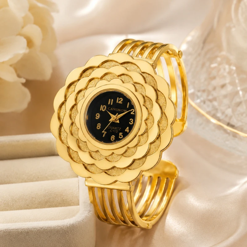 Women Flower Watch Fashion Exquisite Quartz Wristwatch with Open Cuff Bangle Bracelet Elegant Ladies Jewelry Clock Montre Femme