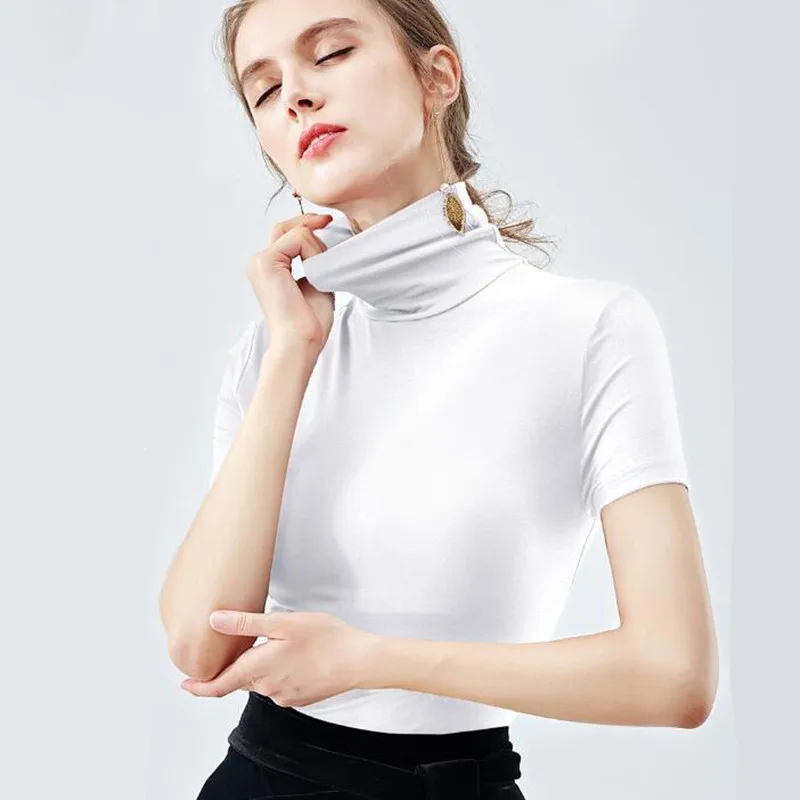 Chemise tricotée à col roulé en coton modal pour femmes, manches courtes, chemisier basique slim, tricots, mode décontractée