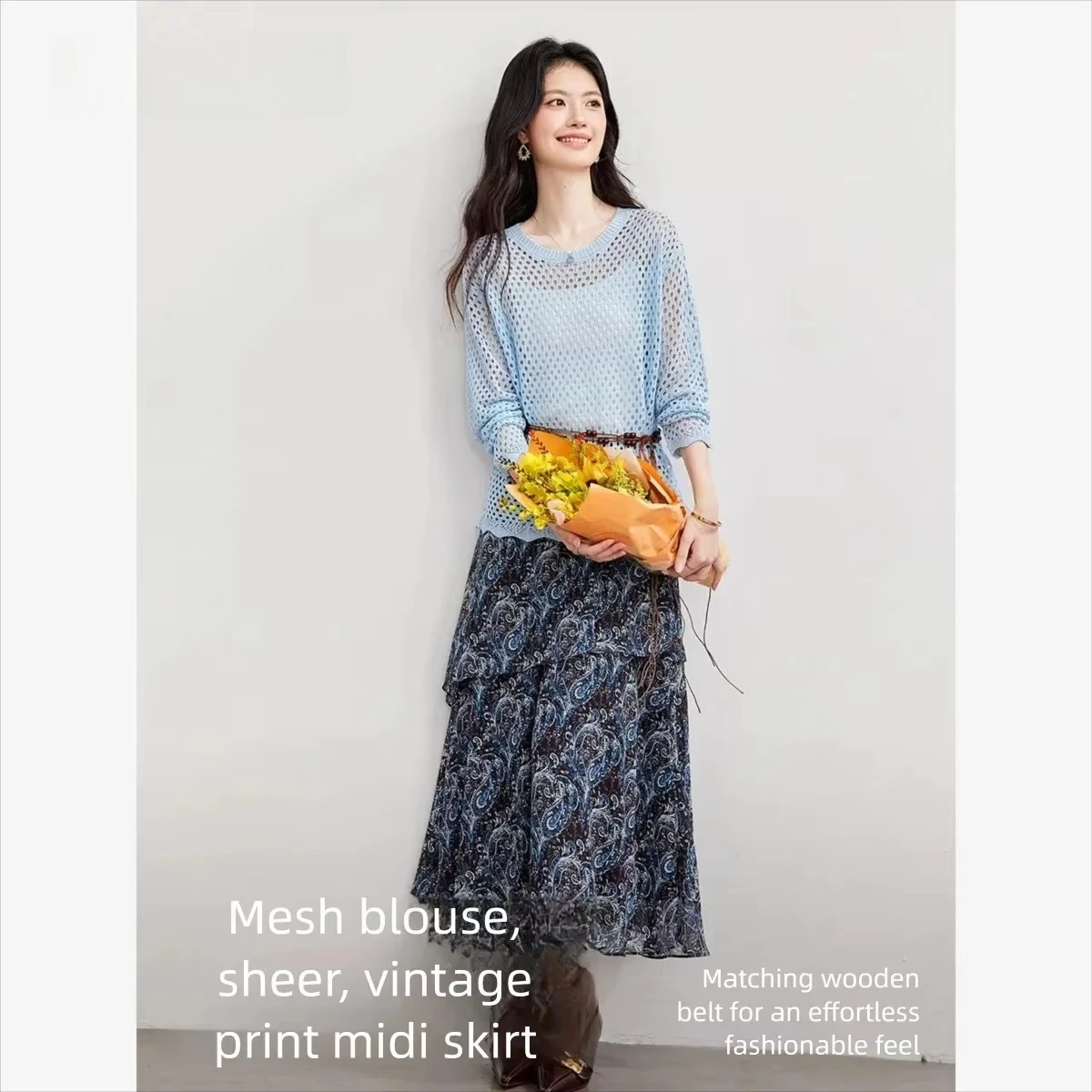 VIMLY Women's Two-piece Set 2026 Fall Fashion Elegant Commuter Blue Hollow Out Pullover Printed Midi Skirt Matching Outfit 31563