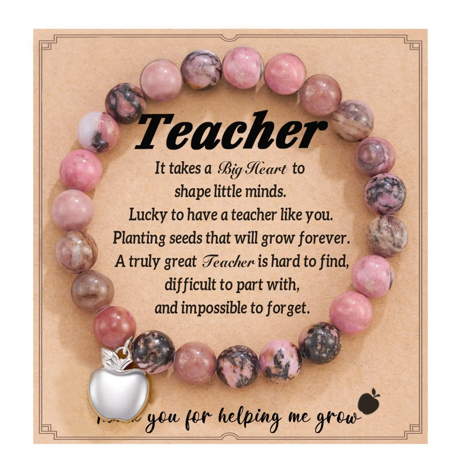 Apple Charm Bracelet with Message Card Teacher Appreciation Healing Relaxation Bracelet for Teachers' Day Christmas Gift