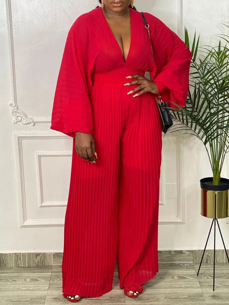 Women High Waist Two Pieces Set Pleated V Neck Crop Tops Blouse Long Lantern Sleeves Wide Leg Pants Trousers African Female Suit