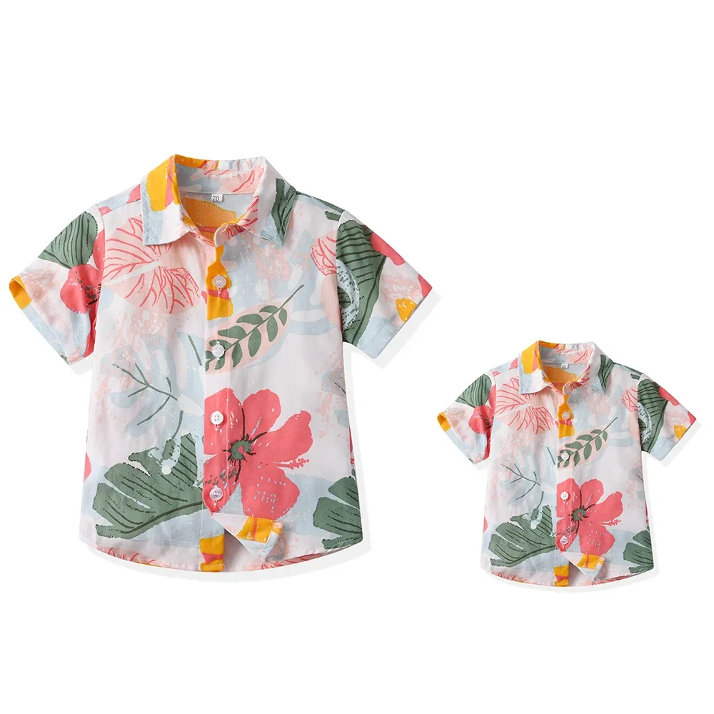 Boy Hawaiian Flower Shirt  Lapel Short Sleeve Father Kid Shredded Casual Cardigan Parent Child Clothe Button Summer Beach Blouse