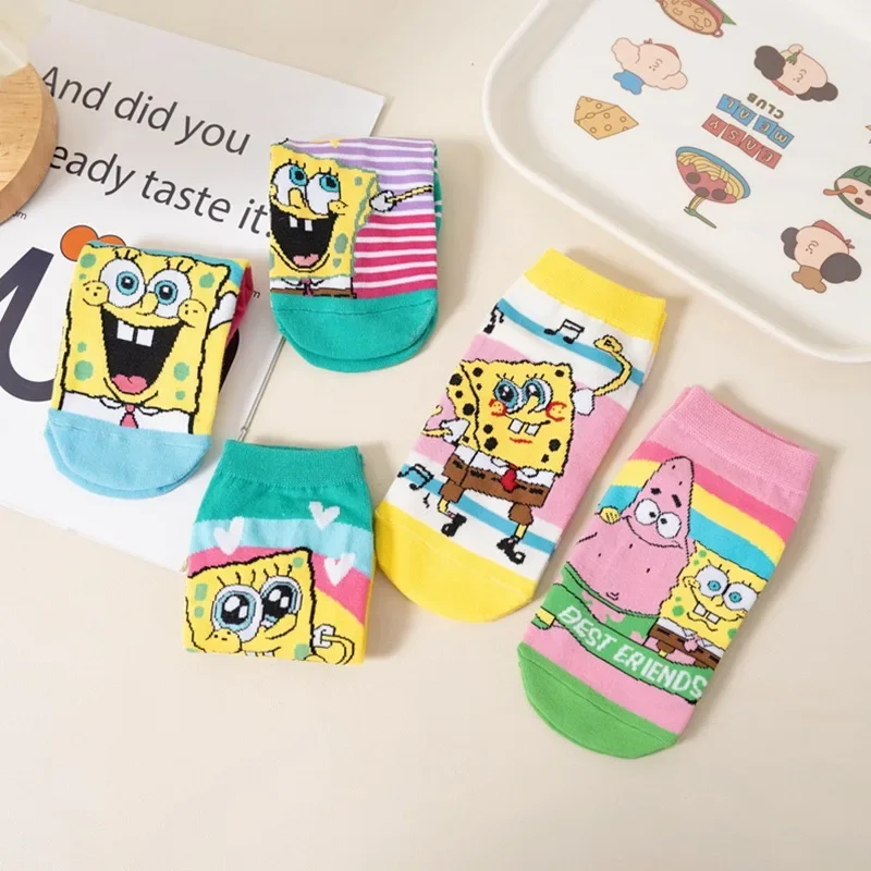 5 Pairs of Womens SpongeBob Socks Set Spring Autumn Women Cute Cartoon Cotton Socks Sports Student Leisure Short Socks Wholesale