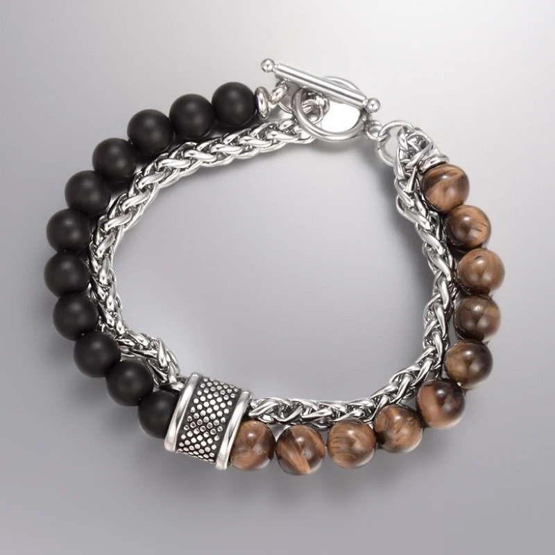 HNSP Rosary Beads Tiger Eye Stone Stainless Steel Hand Chain Splicing Bracelet For Men Protect Jewelry Accessories Male