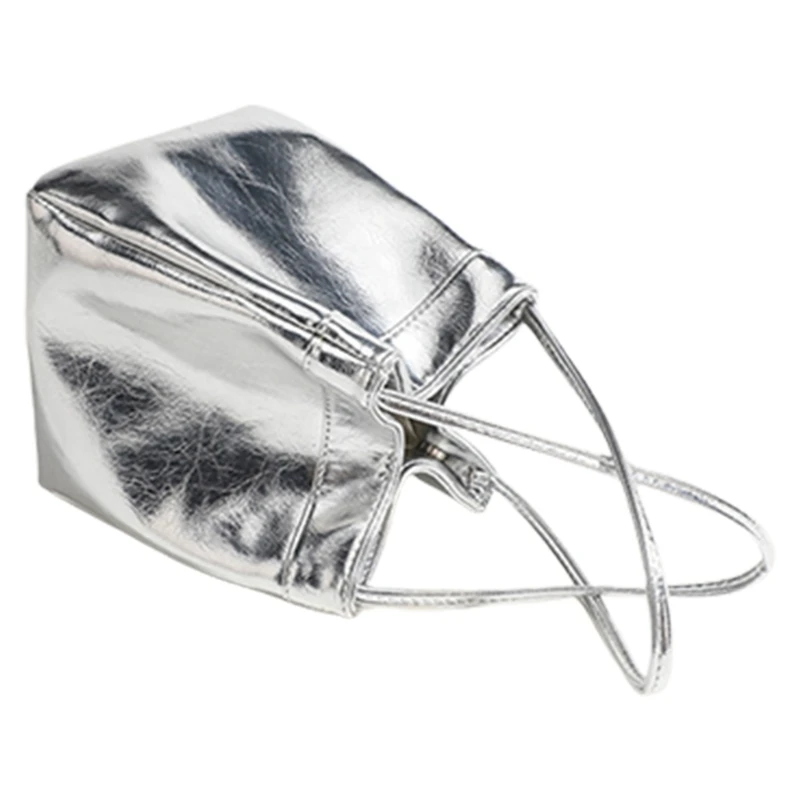 Women Bucket Bag Silver Handbag All-matching Armpit Bag PU Leather Shoulder Bag Korean Styles Underarm Bag for Everyday