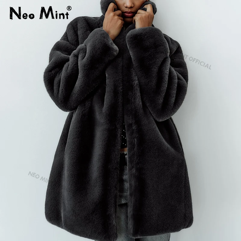 Neo Mint 2024 Winter Faux Rabbit Fur Coat Women Brand Designer Thick Warm Outerwear Jacket Fur Collar Classic Dark Gray Overcoat