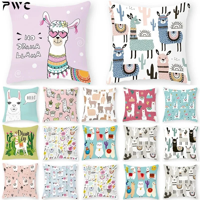 

1Pcs Lovely Cartoon Animal Alpaca Cushion Cover Polyester Decorative Pillows Home Decor Sofa Car Waist Pillowcase 45x45cm