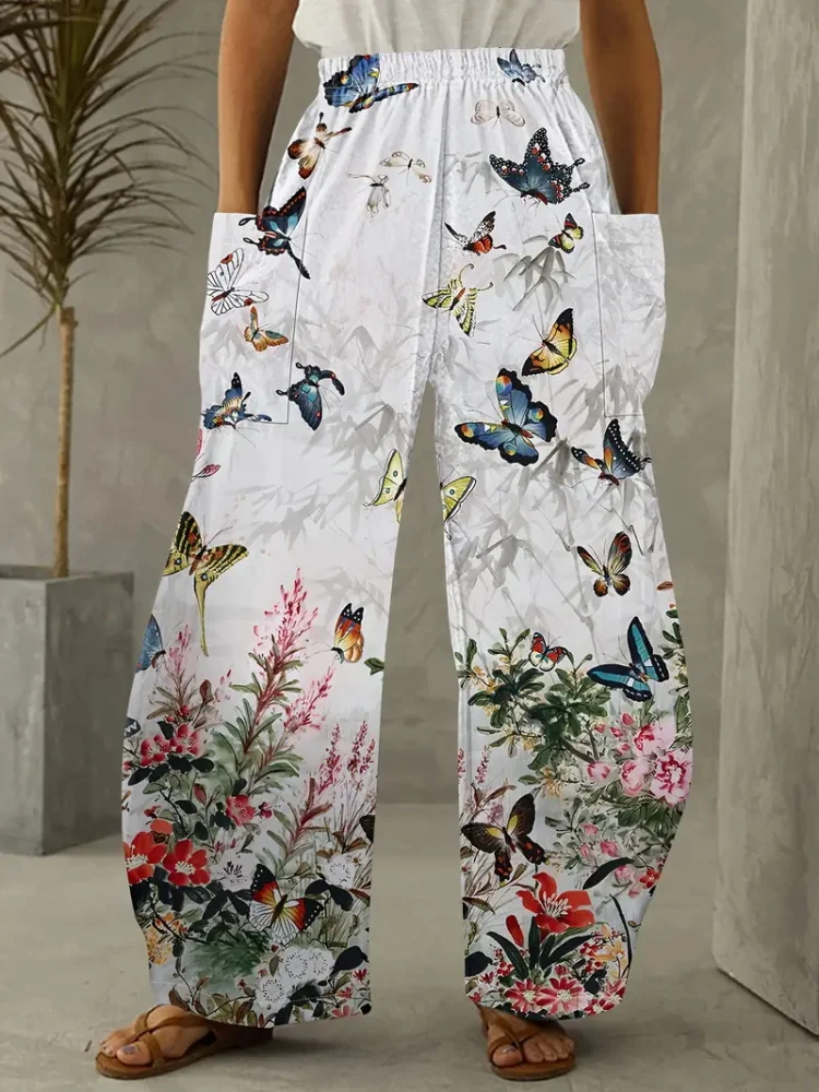 Simple And Fresh Butterfly Flower Print Women's Bloomers Outdoor Casual Women's Pants Street Trend Women With Pocket Pants