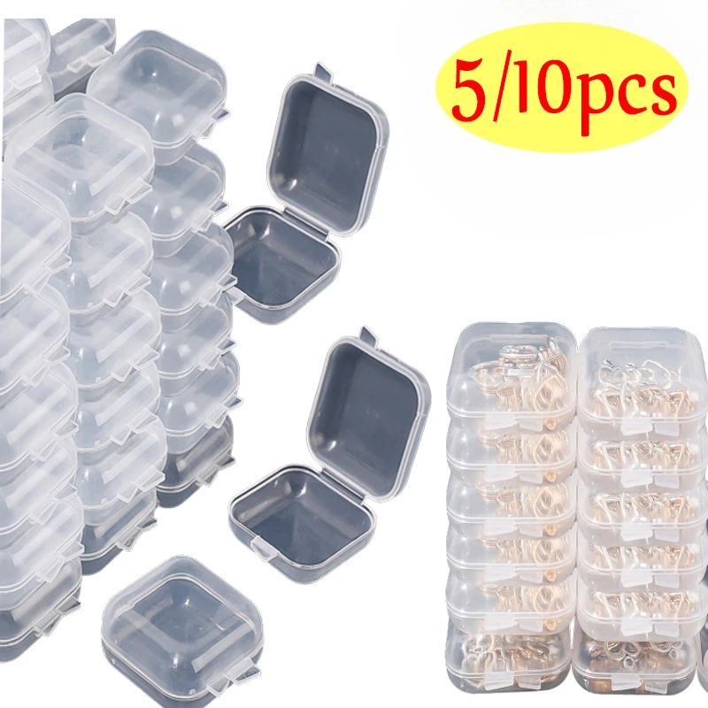 5/10pcs Mini Square Storage Box Transparent Plastic Flip Cover Small Case Pill Jewels Dustproof Storage Pack Boxes Wholesale