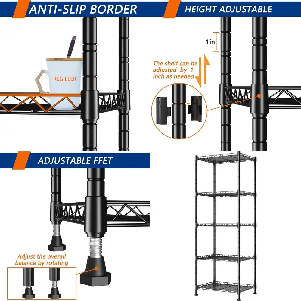 

Adjustable 5-Tier Metal Shelving Rack for Kitchen, Bathroom, and Laundry - Black, 11.8x16.6x53.5
