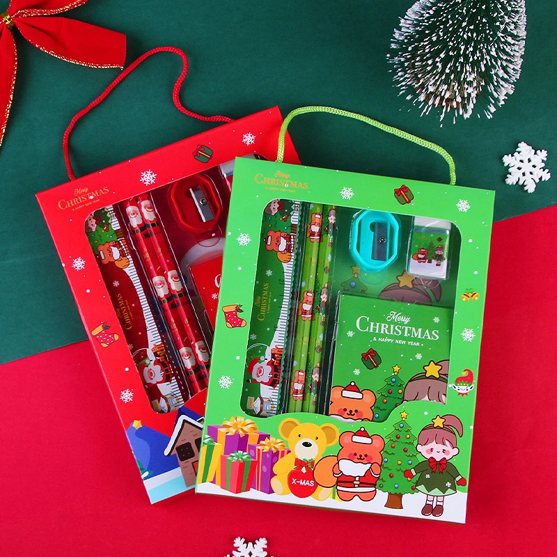 6 Pcs Christmas Stationery Set Pencil Sharpener Eraser Ruler Set Gift for Kids School Office Writing Supplies Random Color