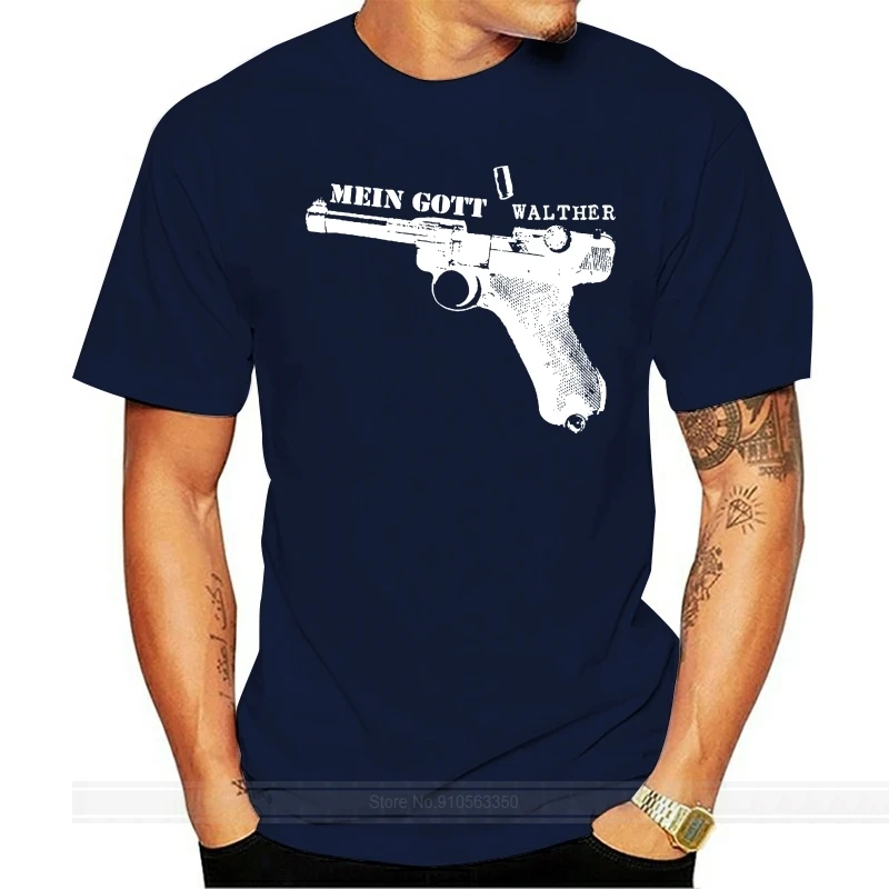 Mein Gott Walther - T-Shirt{Siebdruck}Pistole | P08 | Luger | Waffe | Parabellum | Militärmode Neue T-Shirts Neuheit O-Ausschnitt Tops T-Shirts