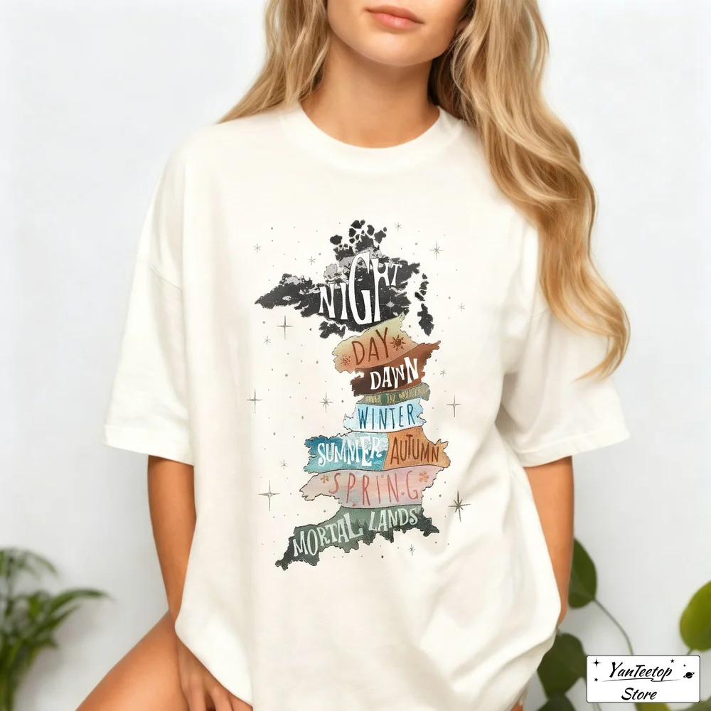 المرأة القطن تي شيرت Prythian الأراضي خريطة قميص Prythian ليلة المحكمة Clipart Bookish هدية قميص ملابس بأكمام قصيرة المحاصيل القمم #1