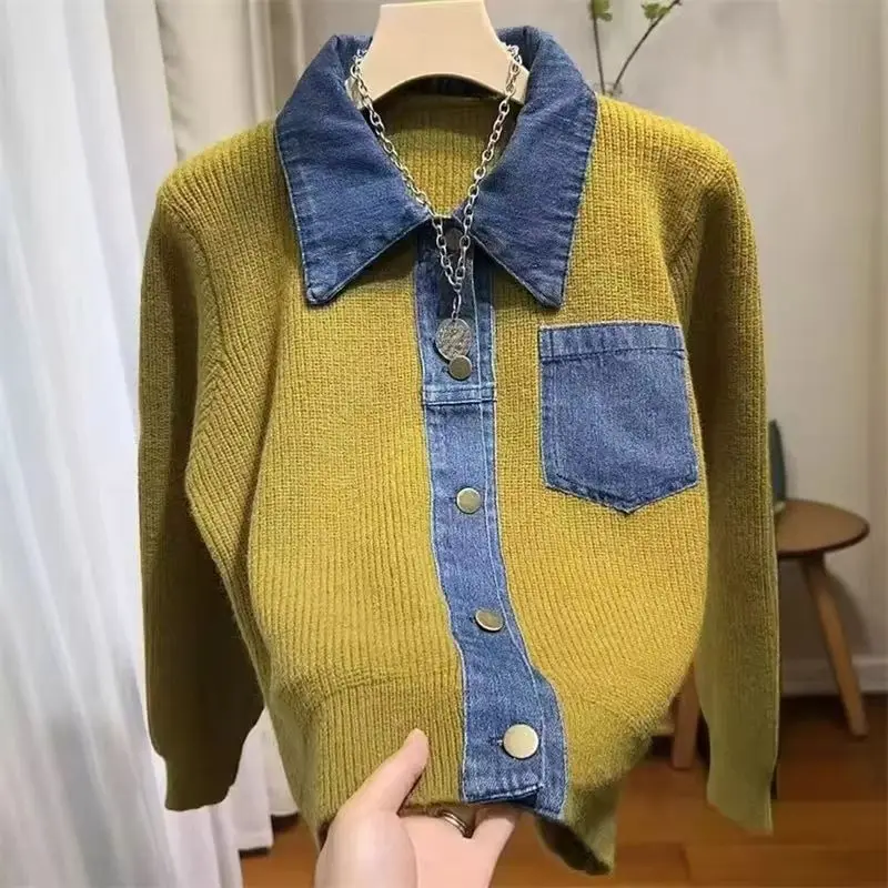 

Высококачественный дизайн, джинсовый свитер с воротником-поло, кардиган, женский осенне-зимний свитер 2024, новый свободный модный женский свитер