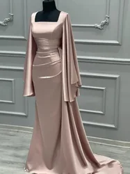 Customized Elegant Dubai Luxury Evening Dresses For Women Solid Satin Pleated Full Sleeves Formal Prom Gowns Mermaid فساتين السه