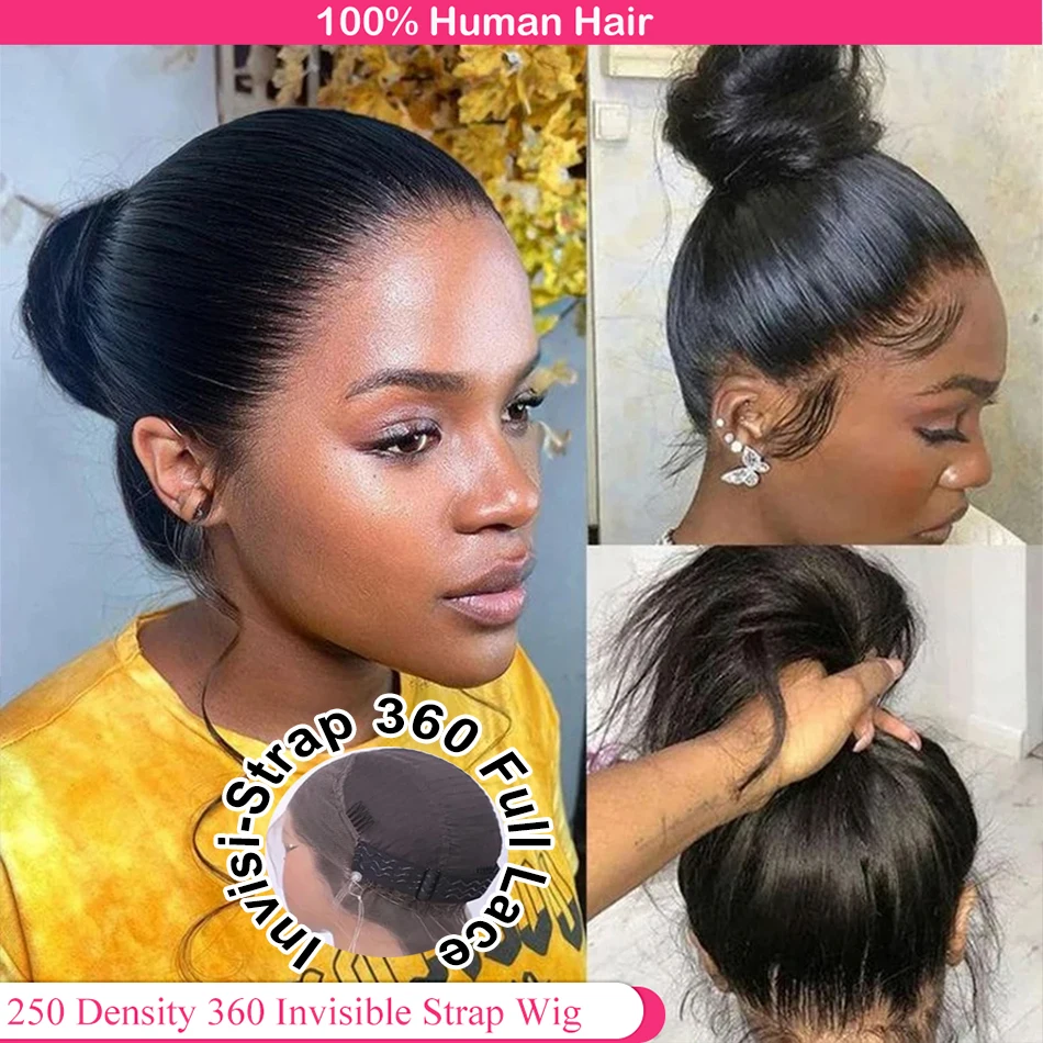 

Невидимый ремешок HD 360, парик спереди, человеческие волосы, прямые кости, плотность 250, предварительно вырезанный, 360, полный парик шнурка, бесклеевой парик