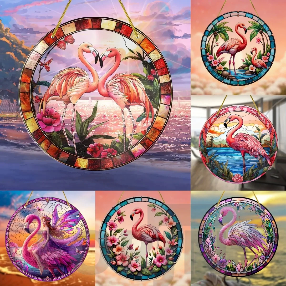 Beautiful Flamingo Sun Catcher -Round Acrylic Stained Art Translucent Window Hanging Sign,Home,room,Garden,yard Decor Woman Gift