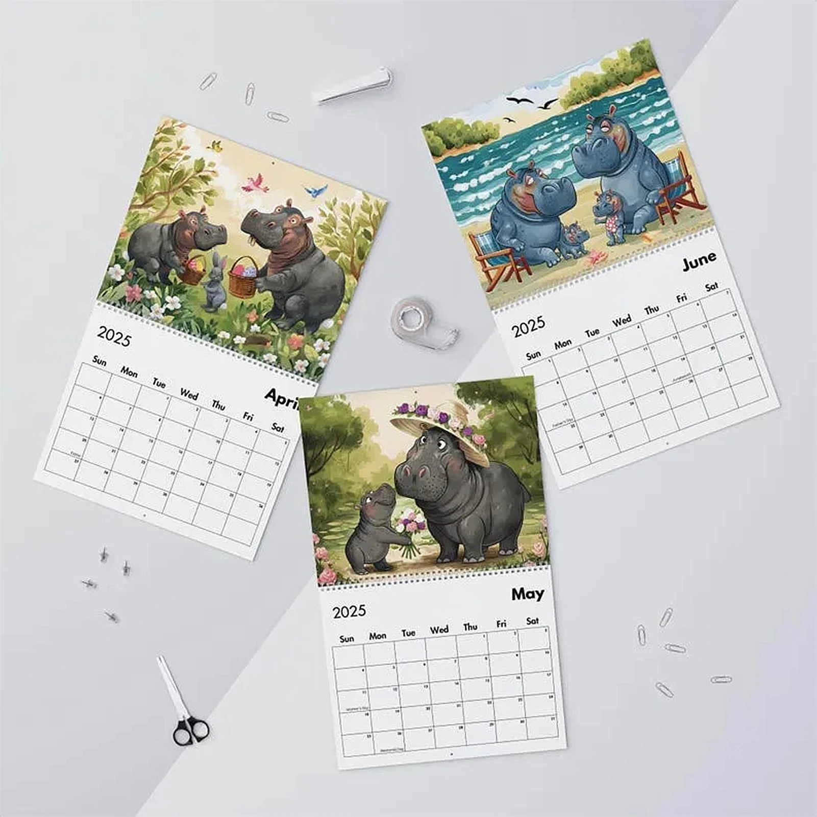 2025 Whimsical Hippos Wall Calendar 12 Months Wire-Binding Wall Calendars for Home and Office Organization